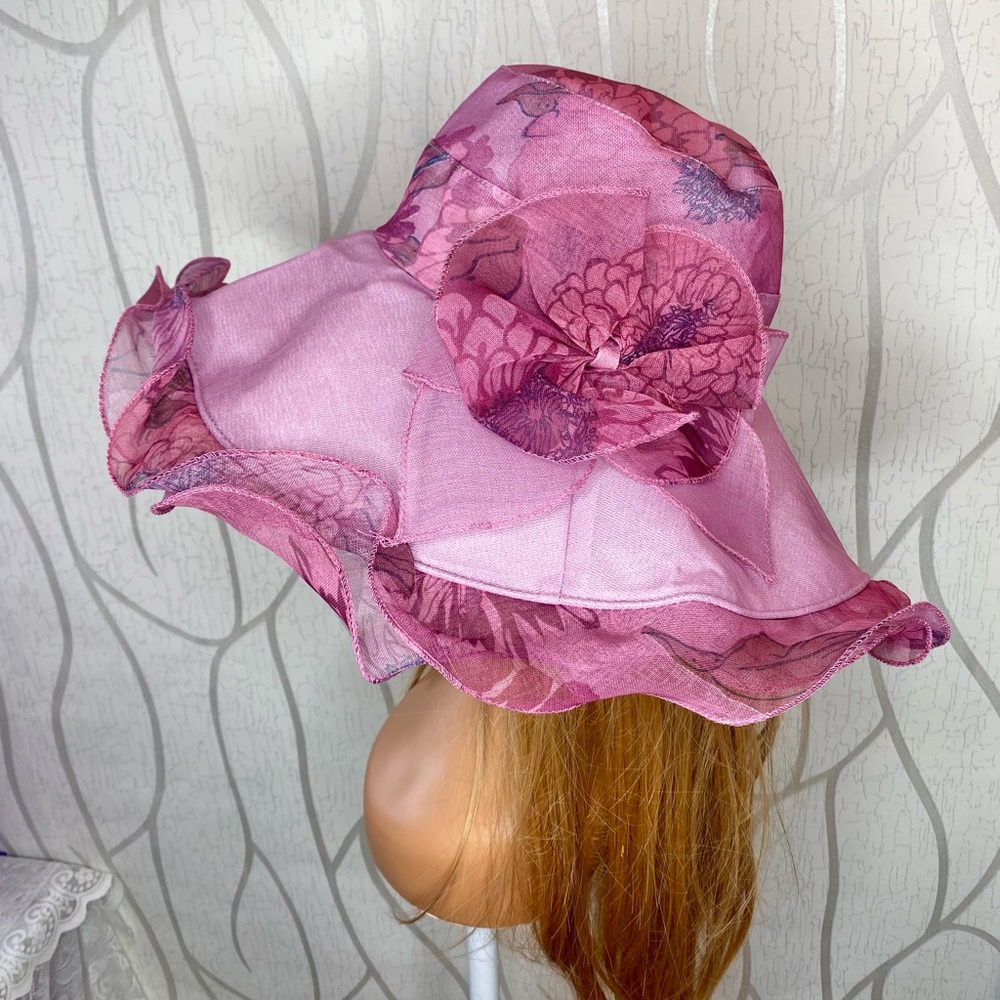 🎀🌷 Mauve Pink Floral Elegant Ruffle Trim Sun Hat 🌷🎀 NWT - Picture 7 of 15